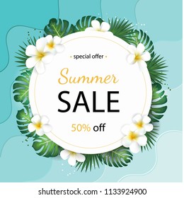 Summer sale background with tropical palm leaves and plumeria flower. Poster for print, party invitation, sale design.