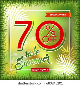 Summer sale background with tropical palm leaves. Vector illustration for wallpaper, flyers, invitation, posters, brochure, discount voucher, banner.