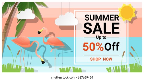 Summer sale background with two pink flamingos , vector , illustration