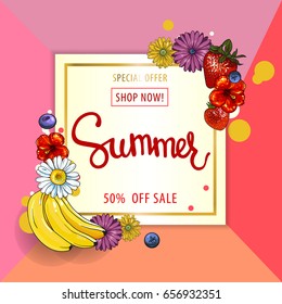 Summer sale background. Vector illustration with cartoon flowers and fruits.Wallpaper.flyers, invitation, posters, brochure, voucher discount.