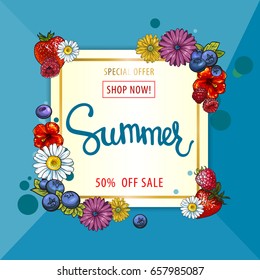 Summer sale background. Vector illustration with cartoon flowers and fruits.Wallpaper.flyers, invitation, posters, brochure, voucher discount.
