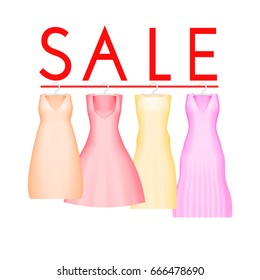 Summer sale background with vivid party dress. Vector background for banner, poster, flyer, card, postcard, cover, brochure. Four prom gowns with sale text. Wedding dress clearance discount