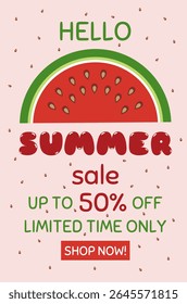 Summer Sale Background Watermelon Up to 50% Off. Hello Summer Sale Poster with Watermelon and Seeds. Seasonal Promotional Design for Advertising, Banner or Flyer.