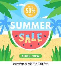 Summer Sale Background with Watermelon at Beach Theme