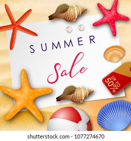 Summer sale background with white paper for text, seashells, beach ball, pearls, and price tag