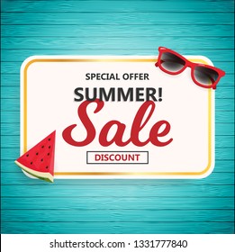 	
summer sale background with wooden background for flyer, advertisement, banner and promotion. summer sale typography on white paper and golden frame