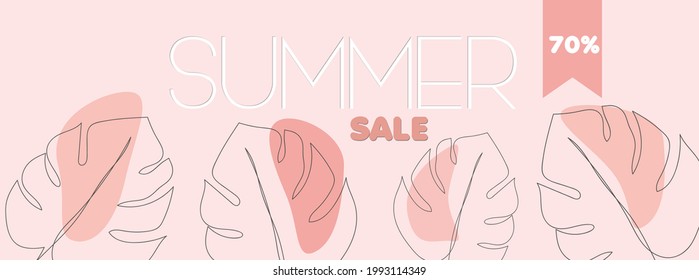 Summer Sale Backgrounds with One Lines Tropical Leaves on Pastel Background. Design for Sale, Posters, Media Stories. Vector Illustration