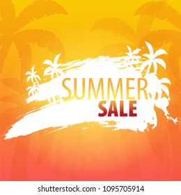Summer Sale backgrounds with palms and sunset. Summer placard poster flyer invitation card. Summer time. Vector Illustration