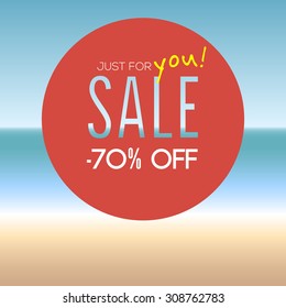 Summer sale badge with percentage on blurred background with seaside. Designed text.