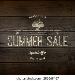 Summer sale badges logos and labels for any use, on wooden background texture.