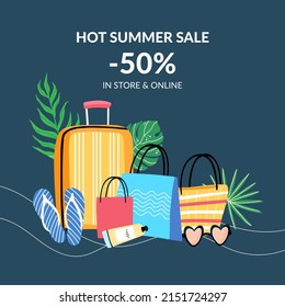 Summer sale. Bags and clothes. Hand drawn vector illustration 