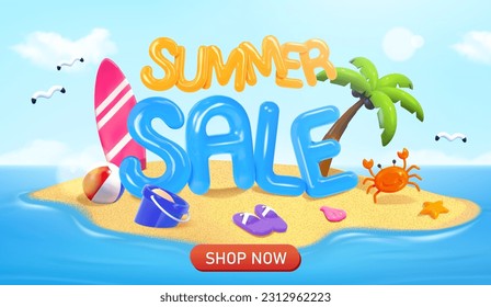 Summer sale balloon text on beach island with palm tree, sea creatures, surfboard, beach ball, sandals and bucket. Shop now button below. Suitable for online promotion ad. svg