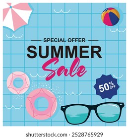 Summer sale with balls and glasses. Swimming pool with swimming tubes and umbrellas. Summer concept. Flat vector illustration.