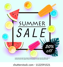 Summer sale baner with watermelon, citrus and fruit ice cream on a stick on colorful background. Vector eps 10 format