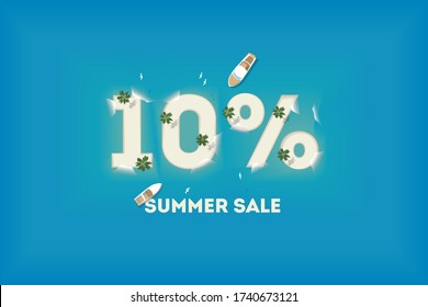 Summer sale banner with 10% off text and island in the sea background, exotic floral design for travel and tourism banner, flyer, invitation, poster, web site or greeting card. Vector illustration