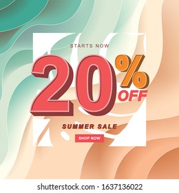 Summer Sale Banner, 20% Off Special Offer Ad. Discount Promotion Vector Banner. Modern Promotion Square Web Banner For Social Media Mobile Apps.