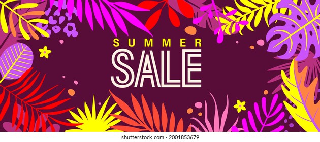 Summer sale banner for 2021 hot season. Tropical themed invitation for shopping with tropical leaves in neon colors. Bright template for flyers, posters, cards,advertising design. Vector Illustration.