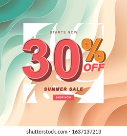 Summer Sale Banner, 30% Off Special Offer Ad. Discount Promotion Vector Banner. Modern Promotion Square Web Banner For Social Media Mobile Apps.