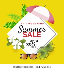 Summer Sale Banner With Up To 30% Off. This Week Only. Illustration. Online Ads. Vector. 30% Discount.