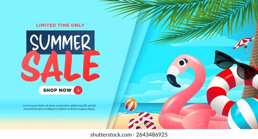 Summer Sale banner with 3D beach elements. Against the background of a beach landscape.