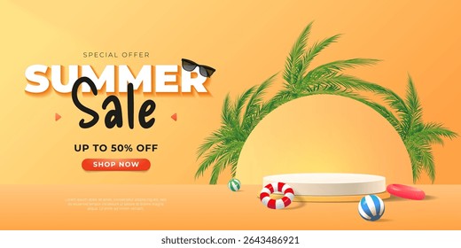Summer Sale banner with 3d podium, inflatable circles, balls and palm leaves.