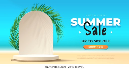 Summer Sale banner with 3D podium on the beach, palm leaves behind the podium.