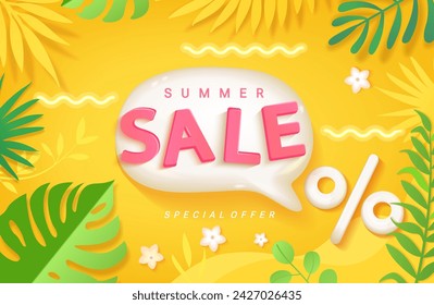 Summer Sale banner with 3d speech bubble, promotion,shopping template of hot season discounts among green tropical leaves.Special offer.Invitation for limited time shopping,template for design.Vector.