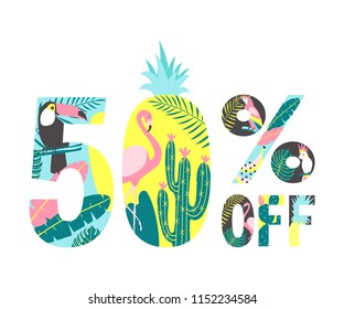 Summer Sale Banner 50% OFF. Tropical style. Vector illustration
