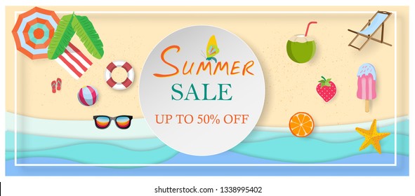 Summer sale banner with 50% off discount text and summer elements in colorful backgrounds for web shopping promotions. Vector illustration. 