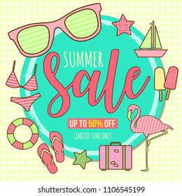 Summer sale banner. Sale, up to 50 percent off poster.