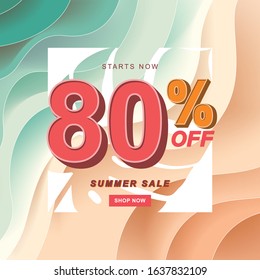Summer Sale Banner, 80% Off Special Offer Ad. Discount Promotion Vector Banner. Modern Promotion Square Web Banner For Social Media Mobile Apps.