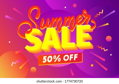 Summer Sale banner. Abstract creative background in bright colors. Fluid promotion gradient shapes composition. Cool design for card, poster, invitation or flyer. Discount special offer. Vector.
