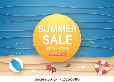 summer sale banner with abstract sea and beach with stuff background , paper art style