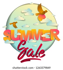 Summer sale banner advertising design layout with birds sun and clouds in the sky, papercut and ribbon words vector modern style cartoon paper cut 3d illustration.