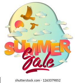 Summer sale banner advertising design layout with birds sun and clouds in the sky, papercut and ribbon words vector modern style cartoon paper cut 3d illustration.