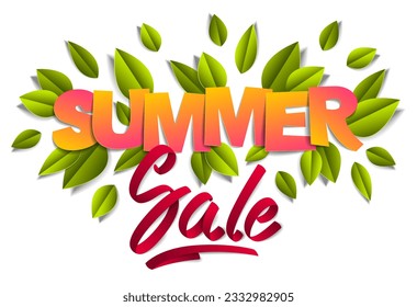 Summer sale banner advertising design layout with green leaves, papercut and ribbon words vector modern style cartoon paper cut 3d illustration.