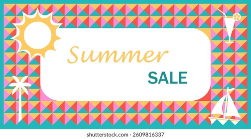 Summer sale banner, advertising idea with colorful geometric shapes. Vivid multicolored background. Repeated pattern with small squares. Cheerful design for a Holiday event, and Beach Summerparty.