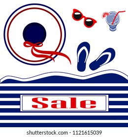 Summer Sale.  Summer banner advertising.Advertising banner with a hat, with glasses and slippers.