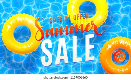 Summer sale banner background with blue water texture and yellow pool float. Vector illustration of sea beach special offer poster