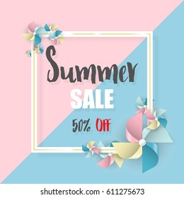 Summer sale banner background with colorful paper windmill,vector eps10.