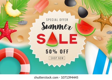 Summer sale banner background design with summer decoration. Vector illustration