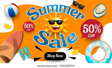 Summer sale banner background design. 3d summer element with abstract background