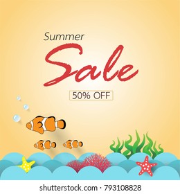 Summer sale banner background design. Inspired by the sea, coral reefs, sea creatures. Paper art style. Vector illustration template.
