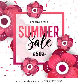 Summer sale banner background layout with flowers. Easy editable for Your design.