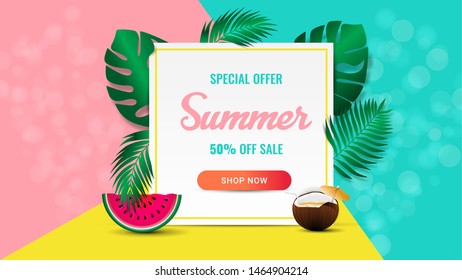 Summer sale banner background layout with colorful summer elements. Vector illustration template.