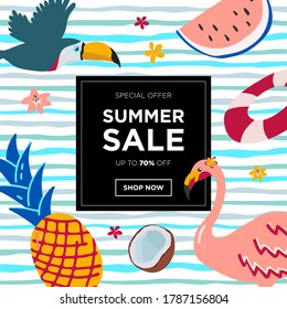 Summer sale banner background layout . Vibrant illustration with tropical birds and fruits. Vector