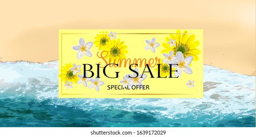 Summer sale banner background mockup. Vector illustration template. Horizontal banner. Hello summer. Beach top view. Sea waves and foam.