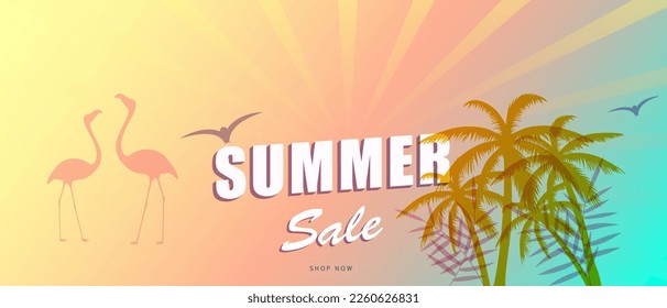 Summer sale banner background with palm tree. For web site, banner, flyer and placard template. Trendy summer backdrop for ad, label, cover, promotion materials and print. Summer sale concept, vector