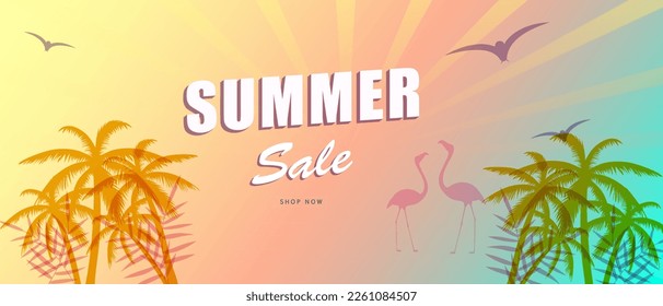 Summer sale banner background with palm tree. For web site, banner, flyer and placard template. Trendy summer backdrop for ad, label, cover, promotion materials and print. Summer sale concept, vector