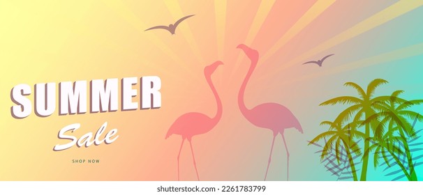 Summer sale banner background with palm tree. For web site, banner, flyer and placard template. Trendy summer backdrop for ad, label, cover, promotion materials and print. Summer sale concept, vector